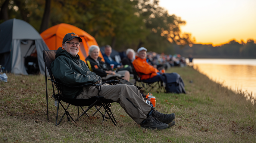 Campers Relaxing by the Lake at Sunset