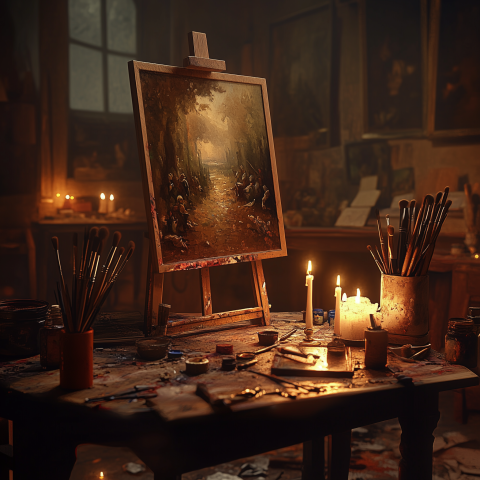 Candlelit Art Studio with Oil Painting