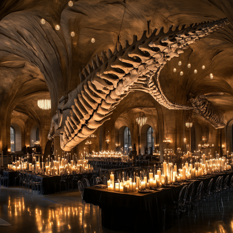 Candlelit Feast Beneath Whale Skeletons