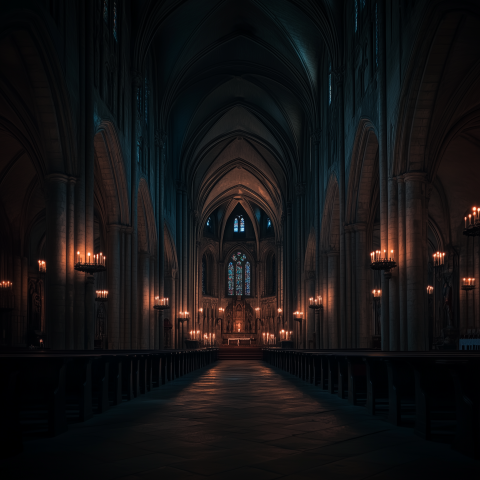 Candlelit Interior of Gothic Cathedral
