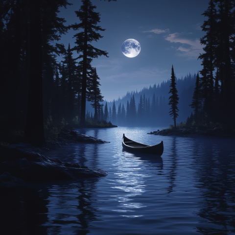 Canoe on Still Lake Under Full Moon