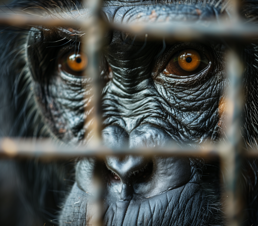 Sad chimpanzee in a cage
