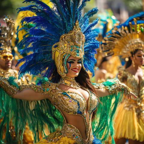 Carnival Dancer in Vibrant Feathered Costume