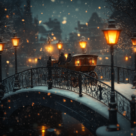 Carriage Crossing Snowy Bridge in Winter Town