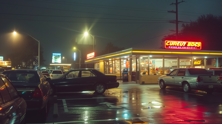 Cars Lined Up And Glowing Boards