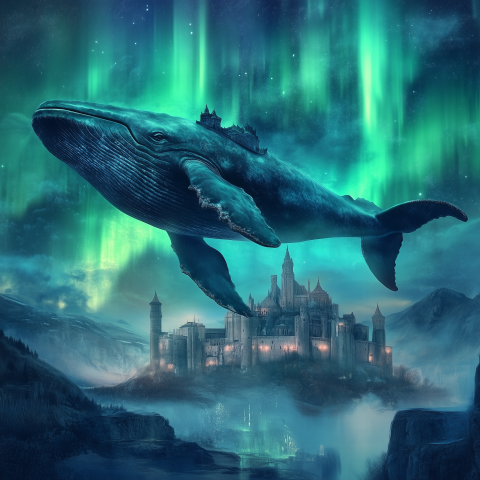 Castle Whale Soars Under Northern Lights