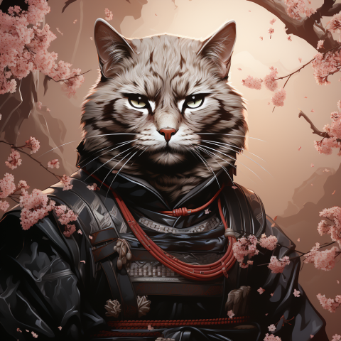 Cat Samurai Warrior Amid Cherry Blossoms