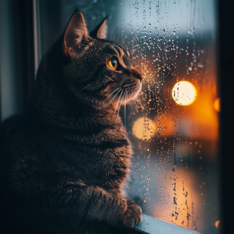 Cat Watching Rain Through Window at Night