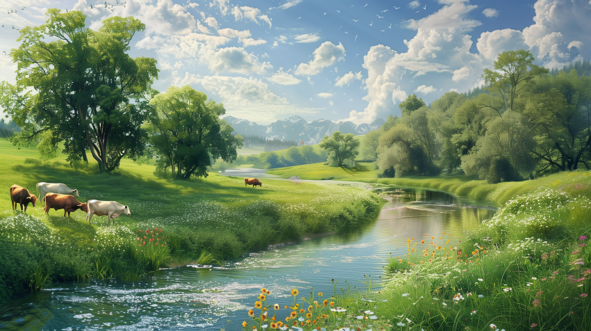 Cattle Drinking from a Tranquil River
