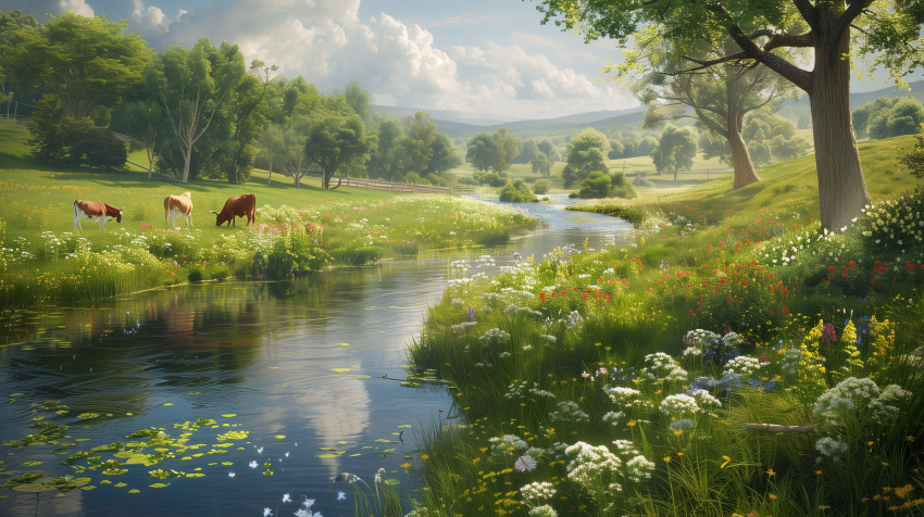 Cattle River Green Fields