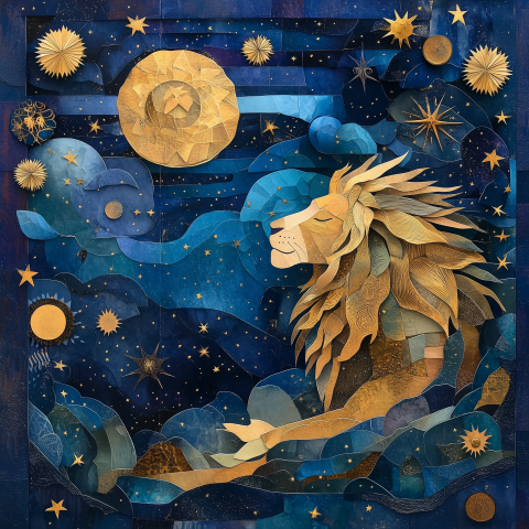 Celestial Lion in a Starry Paper Collage