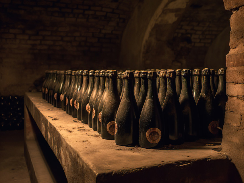 Champagne bottles in a wine cellar