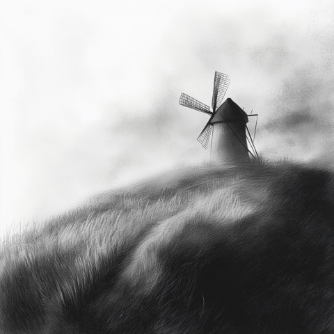 Charcoal Drawing of a Windmill on Hilltop