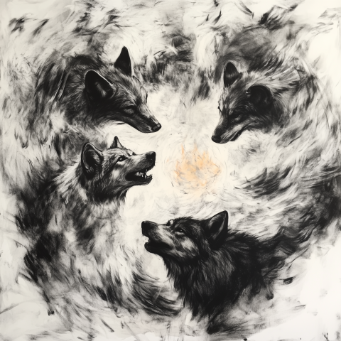 Charcoal Wolf Portraits in Swirling Formation