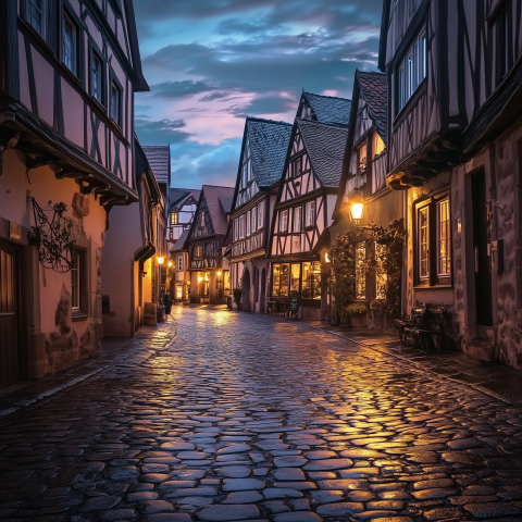 Charming Cobblestone Street at Dusk