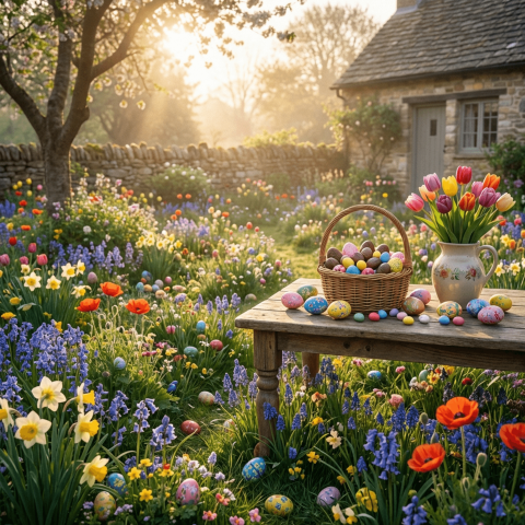 Charming Easter Morning Garden with Colorful Eggs and Flowers