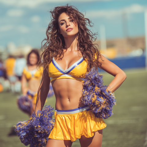 Cheerleader Posing with Colorful Pom-Poms