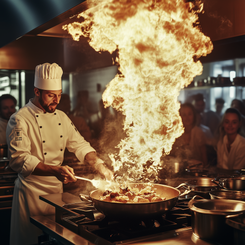 Chef Creating Fire Flambé in Kitchen