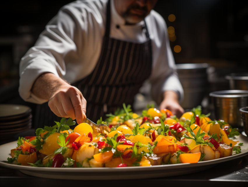 Chef Garnishing Colorful Vegetable Dish
