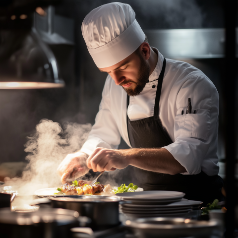 Chef Plating Gourmet Dish in Kitchen