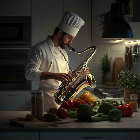 Chef Playing Saxophone in Kitchen at Night