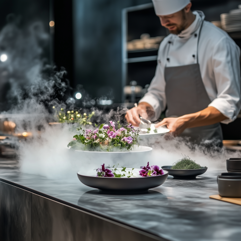 Chef Prepares Botanical Dish in Fine Dining Kitchen