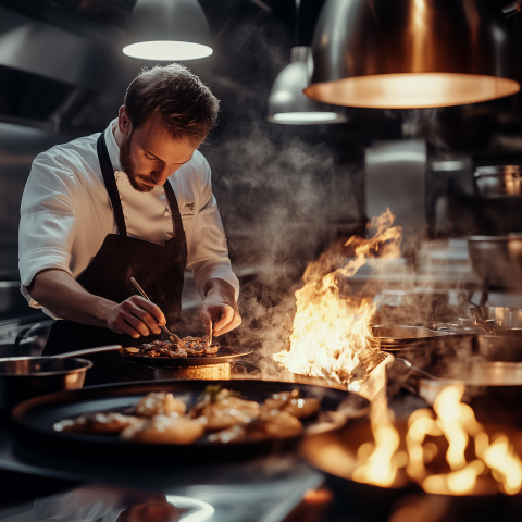 Chef Preparing Dish in Fiery Kitchen
