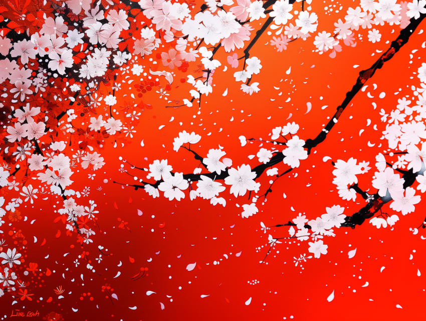 Cherry Blossom Branches on Vibrant Red Background
