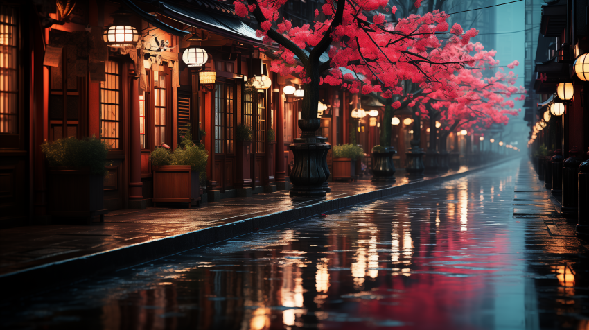 Cherry Blossom Street After Rainfall