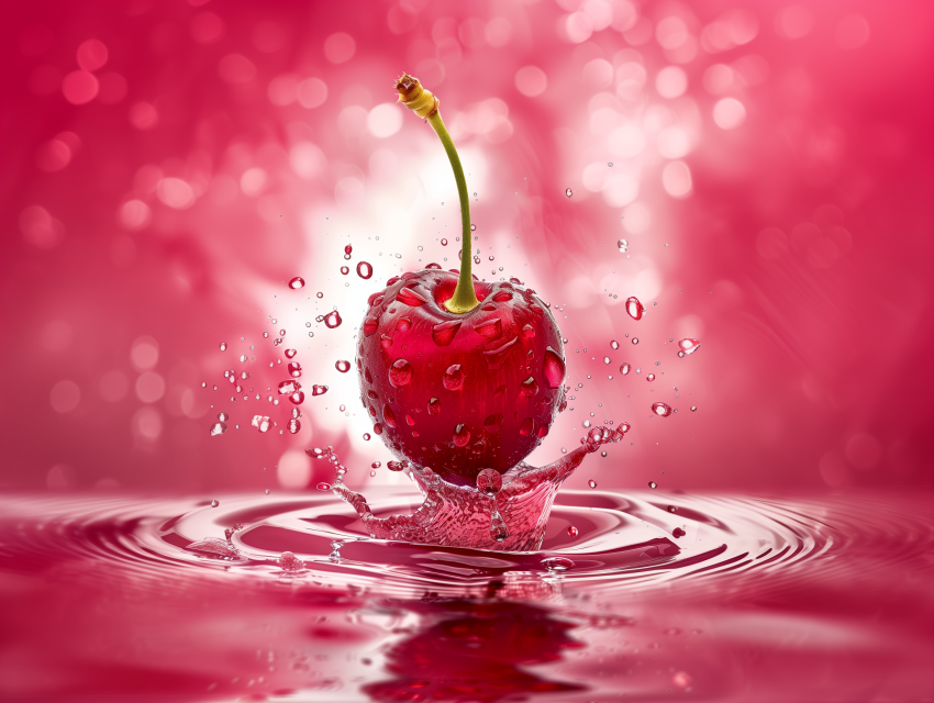 Cherry Splashing into Pink Water