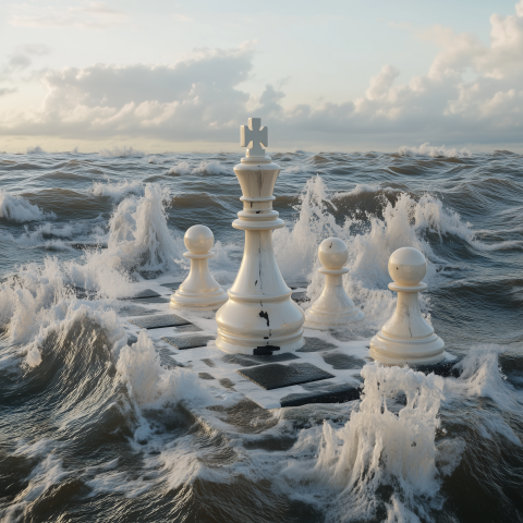 Chess Pieces Adrift in Ocean Waves