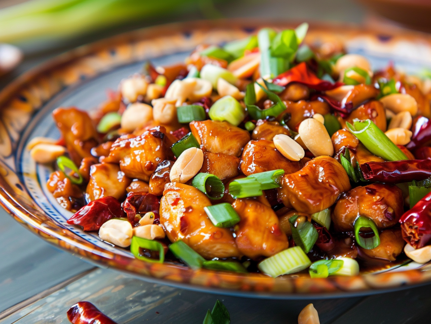 Chicken With Vibrant Peanuts Spring Onions Garnish