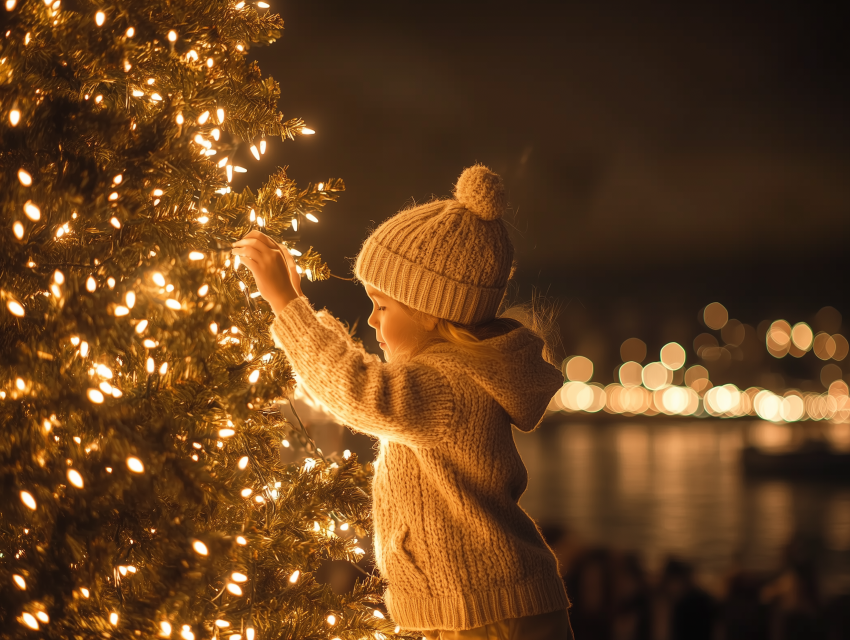 Child Admiring Christmas Tree Lights Outdoors