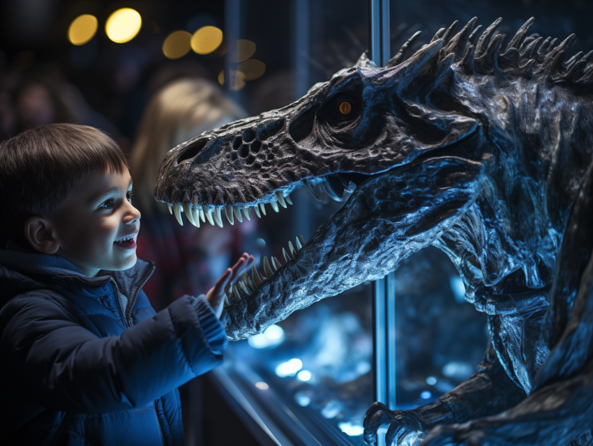 Child Amazed by Dinosaur Exhibit Display