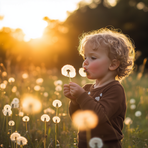 Child Blowing Dandelion in Sunset Field
