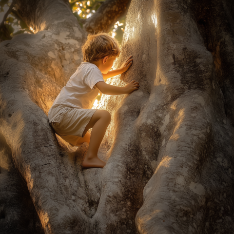 Child Climbing Giant Tree at Sunset