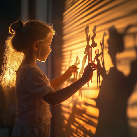 Child Creating Shadow Puppets at Sunset