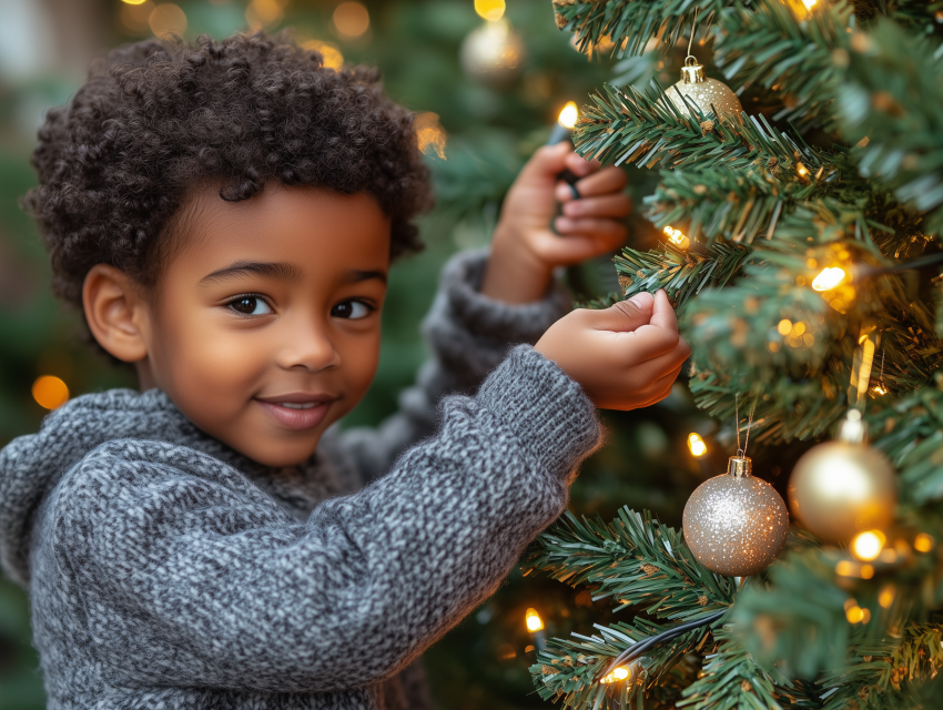 Child Decorating Christmas Tree with Lights