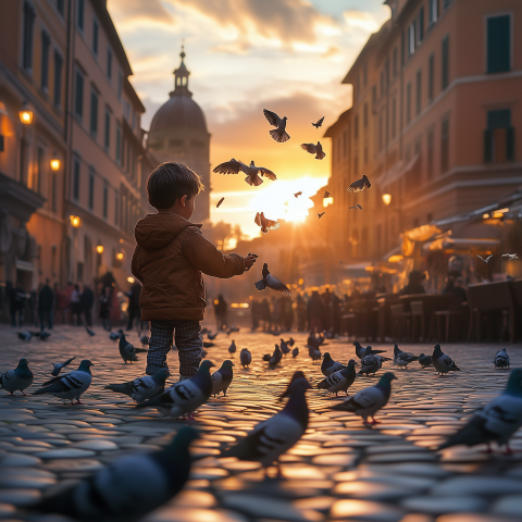 Child Feeding Pigeons in Sunset City Square