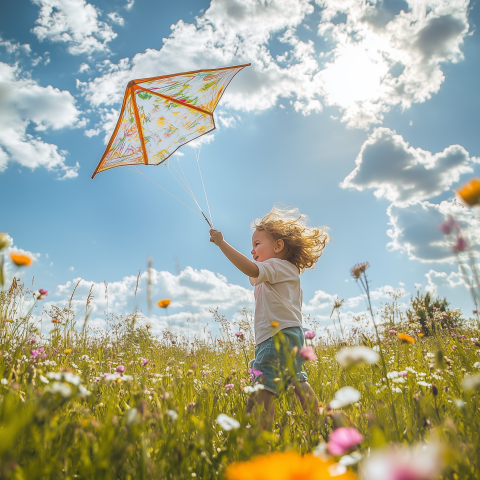 Child Flying Kite in Flower Field