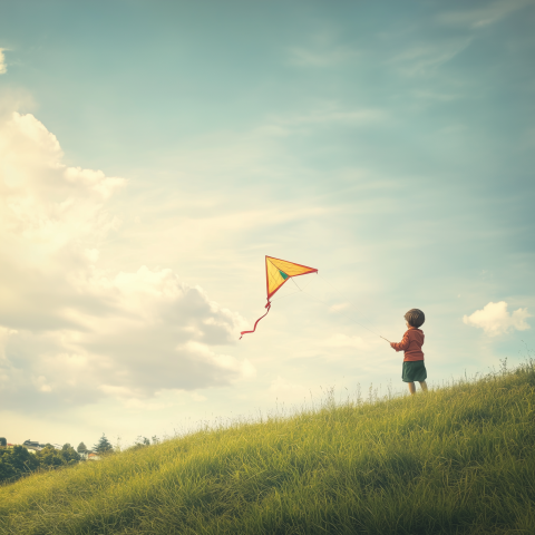 Child Flying Kite on Sunny Hilltop