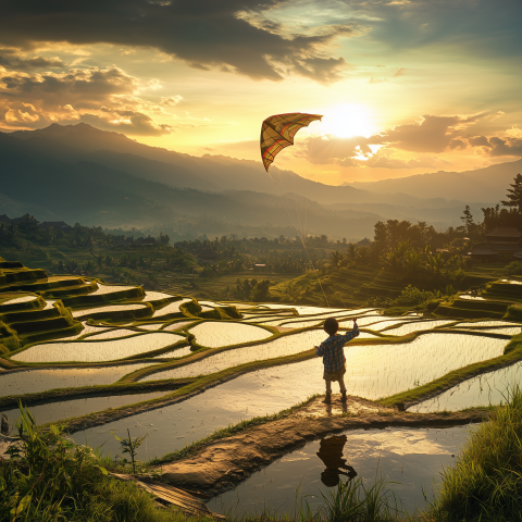 Child Flying Kite Over Terraced Fields