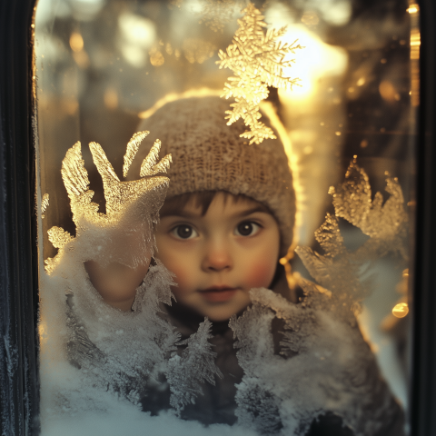 Child Gazes Through Frosted Winter Window