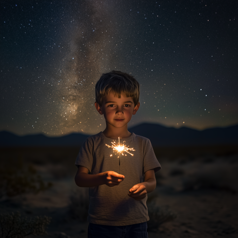 Child Holding Sparkler Beneath Starry Sky