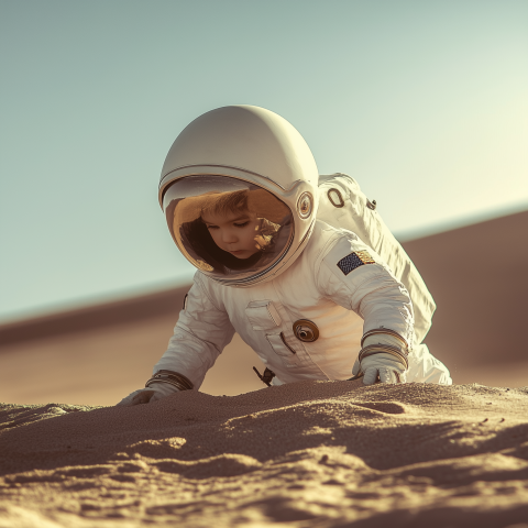 Child in Spacesuit Crawling on Desert Sand