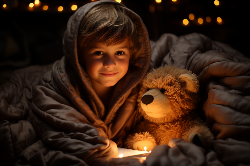 Child Reading by Candlelight with Teddy Bear