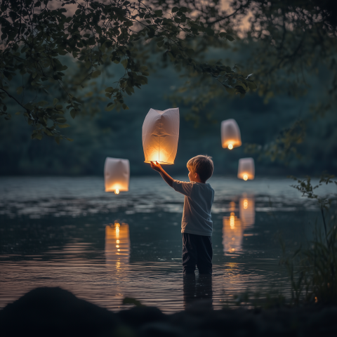 Child Releasing Lanterns on Tranquil Lake