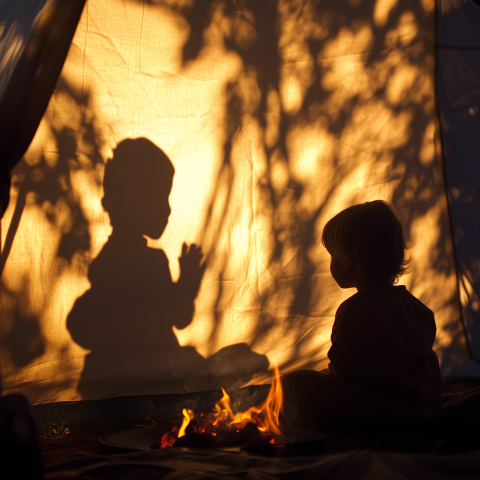 Children by Campfire Casting Playful Shadows