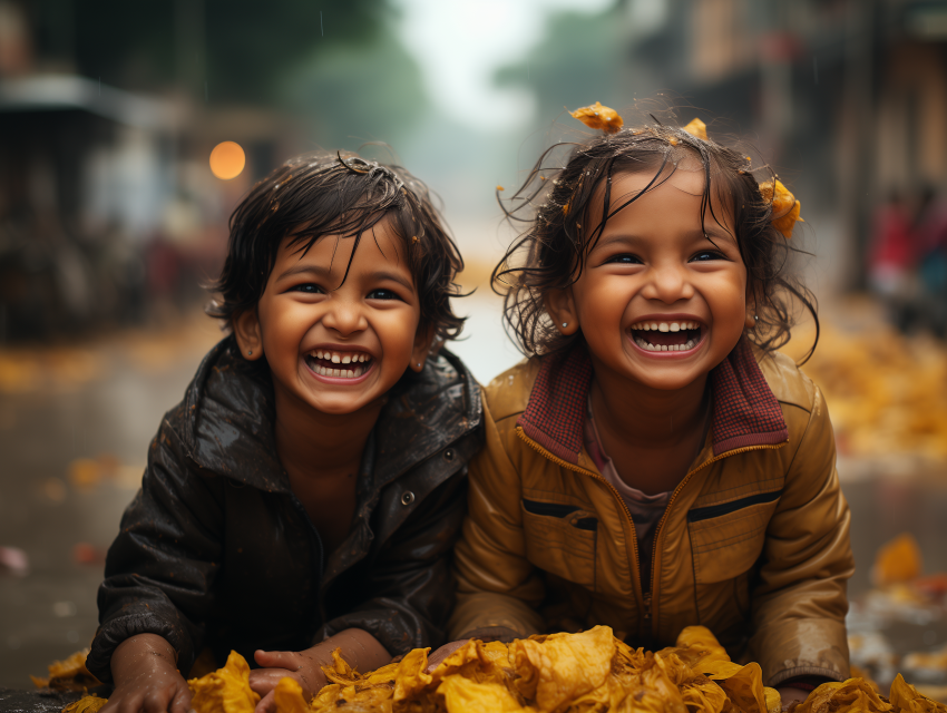 Children Laughing in Autumn Leaves