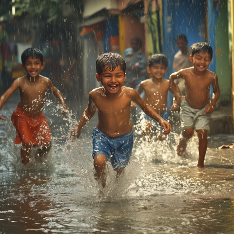 Children Playing Joyfully in Rainy Street